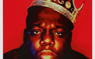 Portrait of rapper Notorious B.I.G. wearing a gold crown against a red background.